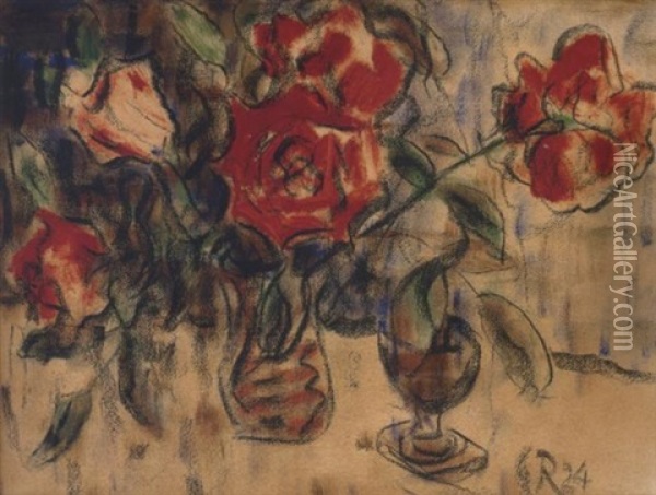 Rosenstraus In Vase Und Kleiner Pokal Oil Painting - Christian Rohlfs