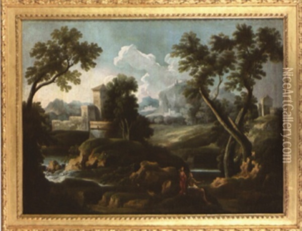 Paysage Avec Cascade Et Deux Pecheurs Oil Painting - Crescenzio Onofri