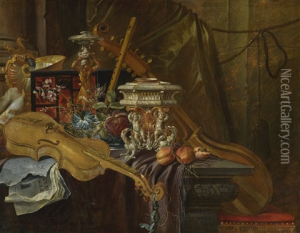 Still Life With Musical Instruments Oil Painting - Jan-Baptist Moerkercke