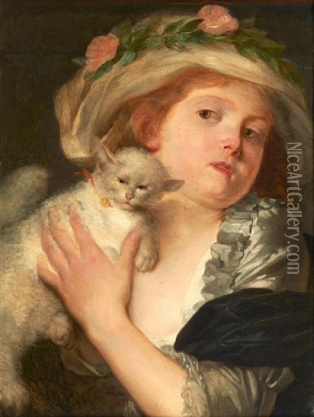 Jeune Fille Au Chat Oil Painting - Jeanne-Philiberte Ledoux