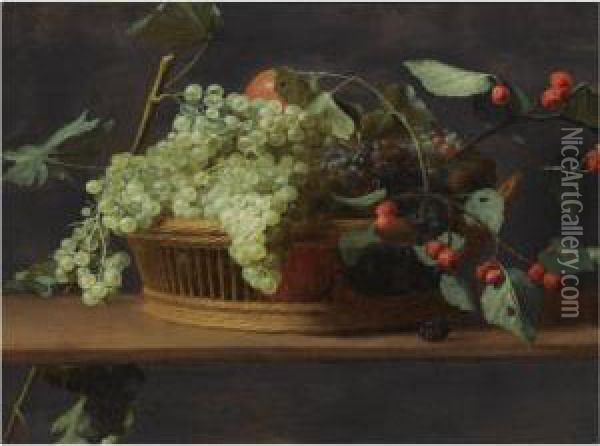 Still Life Of Blue And White Grapes, Together With Wild Strawberries, All In A Basket, On A Wooden Ledge Oil Painting - Jacob Fopsen van Es