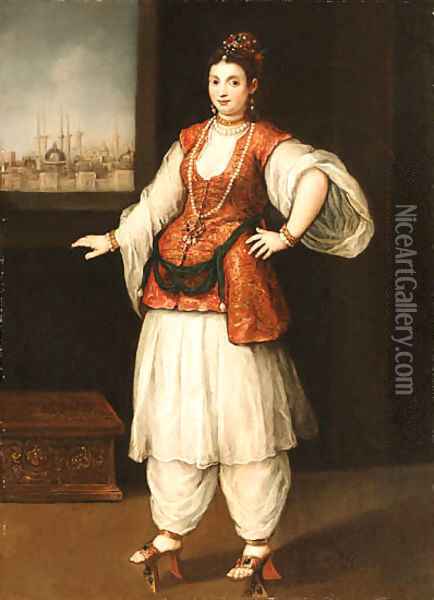 Portrait of a Sultana with a Capriccio of Istanbul through a window beyond Oil Painting - Venetian School