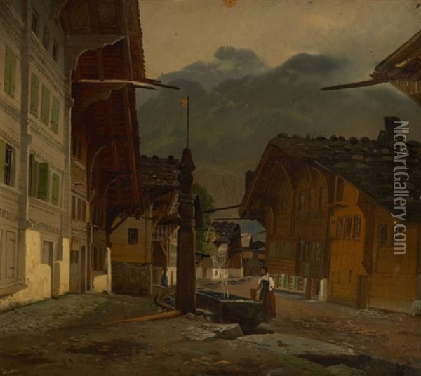 Village De Meymingen En Suisse Oil Painting - Jean Francois Xavier Roffiaen