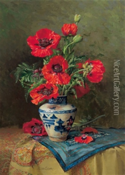 Groses Blumenstuck Mit Mohnblumen In Chinesischer Vase Oil Painting - Clara von Sievers