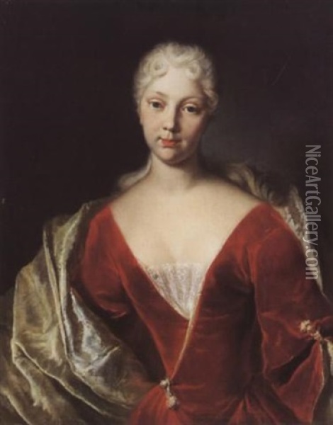 Portrat Einer Jungen Frau Im Roten Kleid Oil Painting - Johann Rudolf Huber the Elder