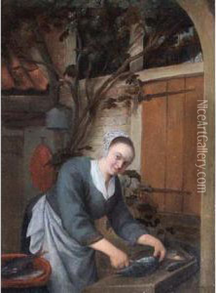 A Young Maid Cleaning Fish Oil Painting - Gerrit Zegelaar