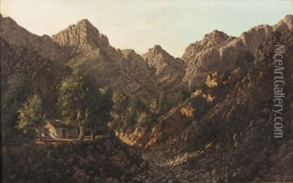 A Cottage Within Mountainous Scene Oil Painting - Tinus de Jongh