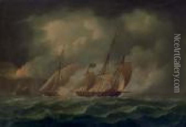 A Revenue Cutter Chasing A Pirate Lugger Oil Painting - Thomas Buttersworth