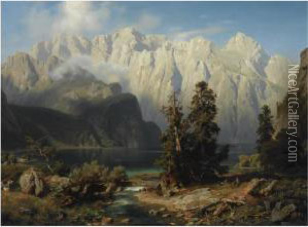 Mountainous Landscape Oil Painting - August Wilhelm Leu