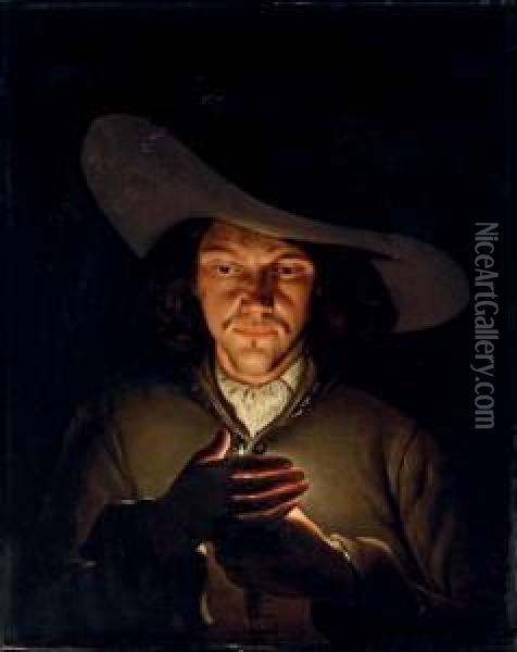 A Man Holding A Candle Oil Painting - Wolfgang Heimbach