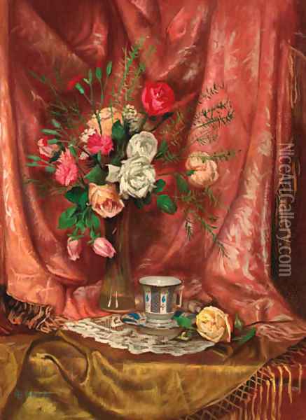 A vase of flowers and a cup and saucer on a draped table Oil Painting - Hungarian School