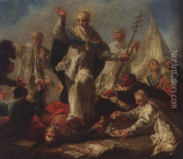 A Bishop Saint Administering The Last Rites To A Fallen Soldier Oil Painting - Franz Anton Maulbertsch