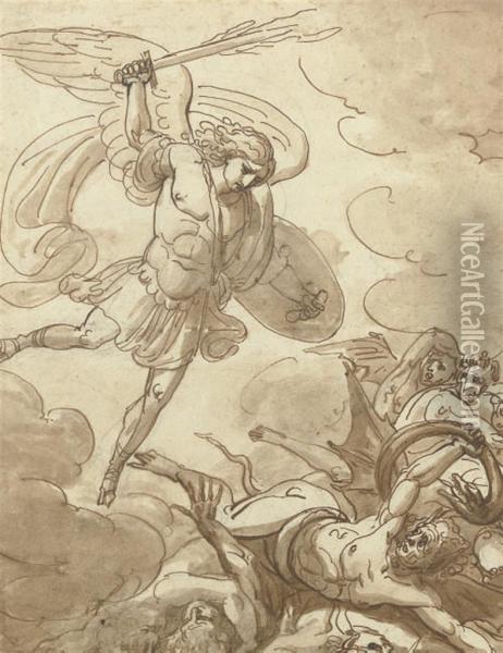 The Archangel Michael Overturning Satan Oil Painting - Michael Koeck