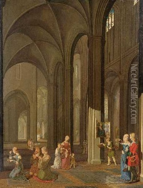 Gotisches Kircheninterieur Mit Romantisierender Figurenstaffage Oil Painting - Franz Pforr