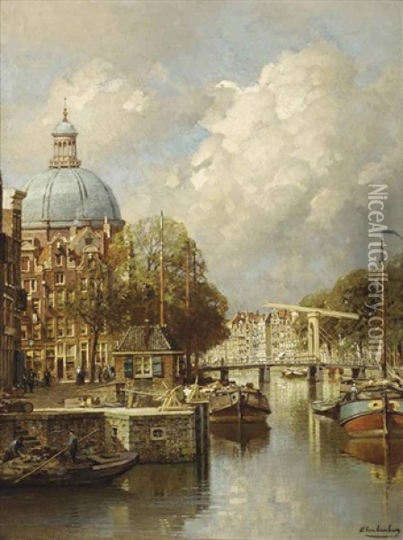 View Of The Singel With The Lutheran Church, Amsterdam Oil Painting - Johannes Christiaan Karel Klinkenberg