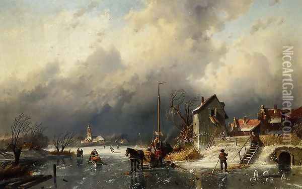 A Frozen River Landscape with a Horsedrawn Sleigh Oil Painting - Charles Henri Joseph Leickert