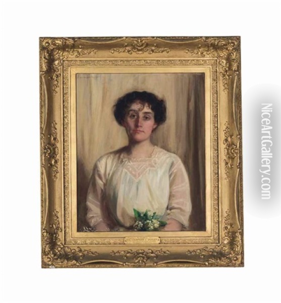 Portrait Of Rachel, Countess Of Dudley, Nee Gurney, In A White Dress, Holding Lily Of The Valley Oil Painting - Sir John Longstaff