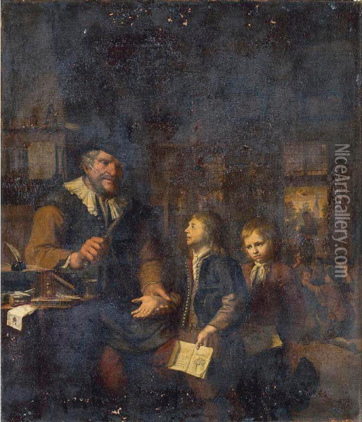 A Schoolmaster Chastising Two Boys Oil Painting - Christoffel Lubieniecki
