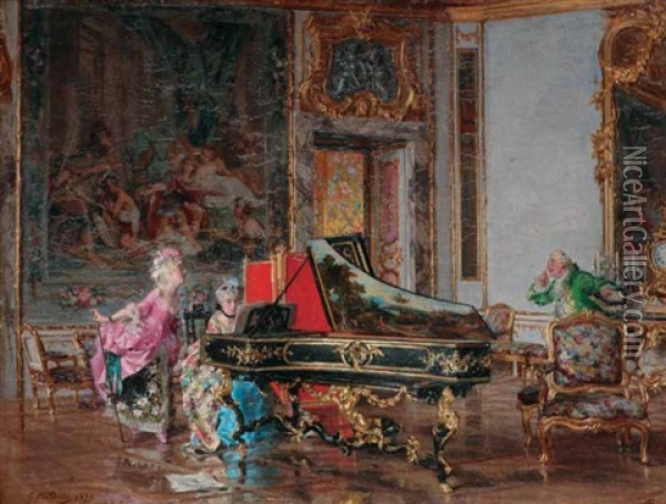 Due Dame In Costume Settecentesco Al Pianoforte (vecchia Canzone) Oil Painting - Giovanni Boldini