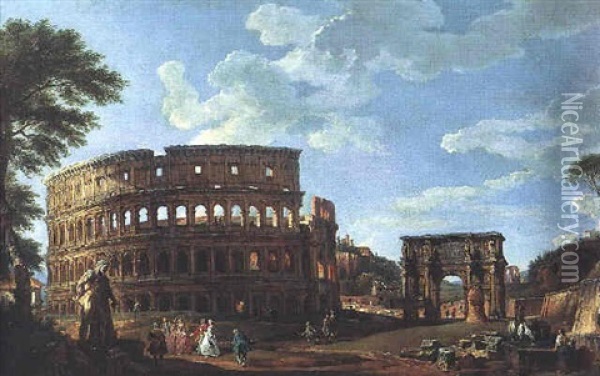 Vue Du Colisee Et De L'arc De Constantin A Rome Oil Painting - Giovanni Paolo Panini