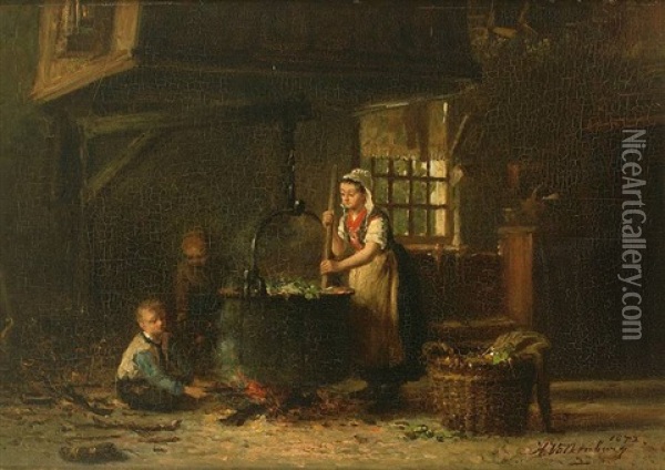 Blick In Eine Alte Kuche Mit Mutter Und Zwei Kindern Am Kochkessel Oil Painting - Hendrik Valkenburg