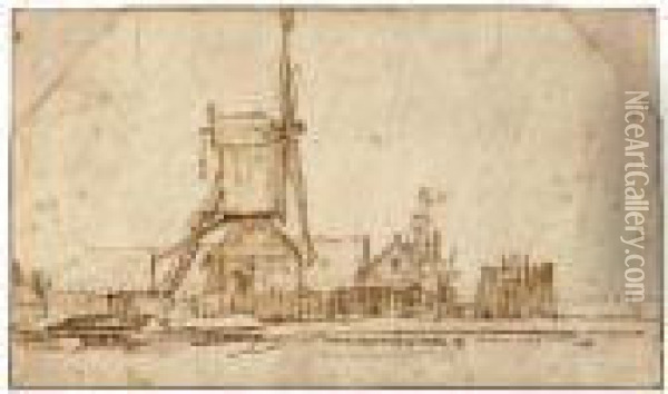 Landscape With A Windmill And Other Buildings Oil Painting - Rembrandt Van Rijn
