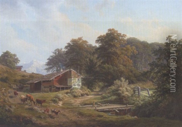 Bauernhaus In Gebirgslandschaft Oil Painting - Johann Georg Haeselich