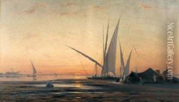 Segelschiffe Auf Dem Nil. Oil Painting - Auguste Louis Veillon