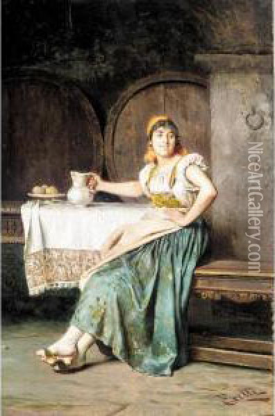 Woman In A Wine Cellar Oil Painting - Edoardo Gelli
