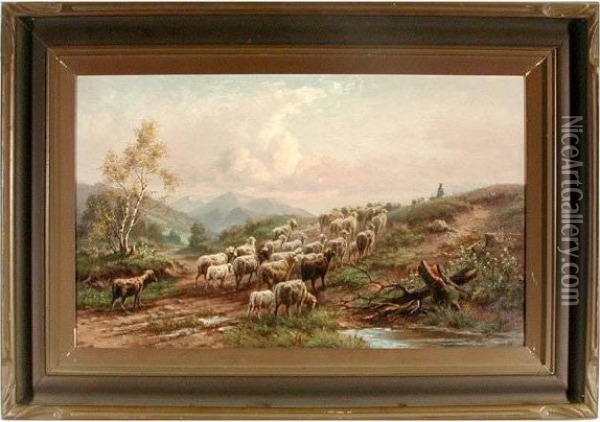Sheep Herder And Flock In Mountainlandscape Oil Painting - Lady Louisa Knox
