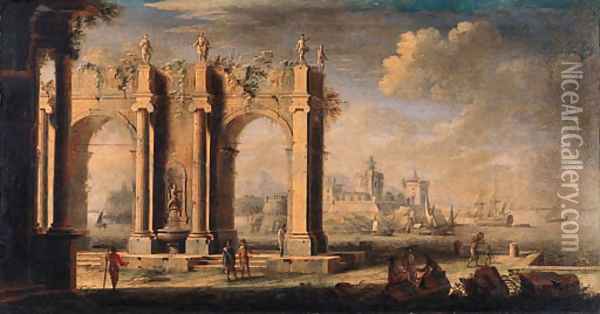 Figures amongst classical ruins, a port beyond Oil Painting - Leonardo Coccorant