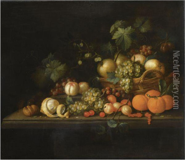 Still Life Of Pears, Blue And White Grapes And Gooseberries In Abasket, Together With Oranges, Apricots, Cherries, Peaches, Ahalf-peeled Lemon And Walnuts, All On A Stone Table Oil Painting - Pseudo Simons
