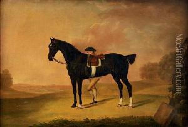 A Dark Bay Hunter With A Groom In A Landscape Oil Painting - Thomas Stringer