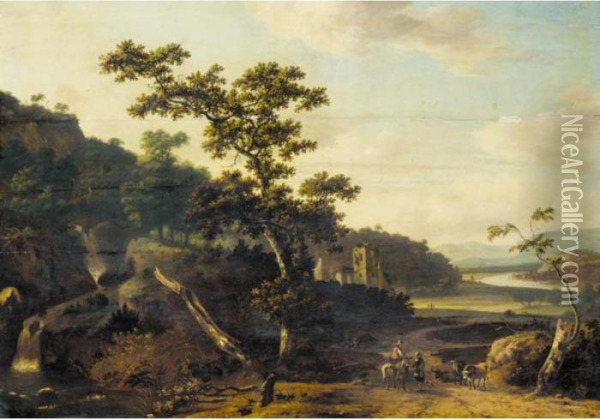 An Italianate River Landscape With Figures And Animals On A Road, A Ruined Castle Beyond Oil Painting - Jan Gabrielsz. Sonje