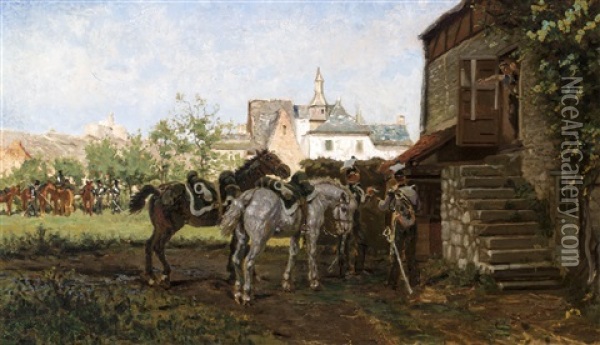 Hussars In A Village Oil Painting - Cornelis Albertus Schomer