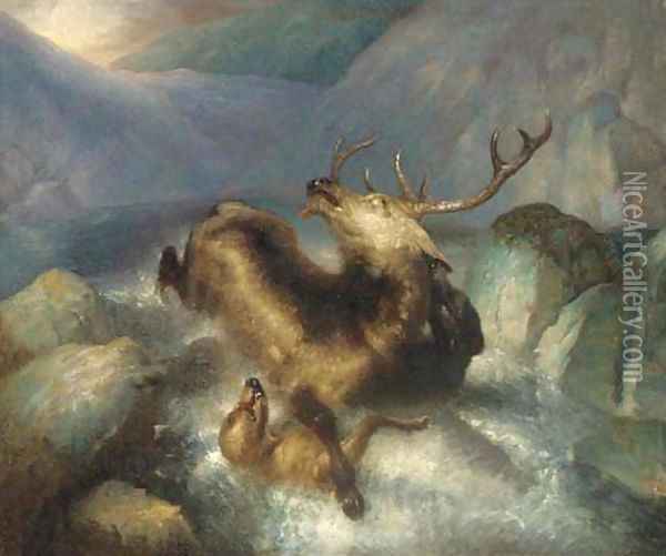 Deer and deerhounds in a mountain torrent Oil Painting - Landseer, Sir Edwin