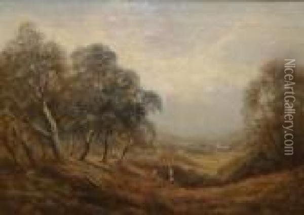 Figures Gathering Kindling In A Wooded Landscape Oil Painting - Sidney Yates Johnson