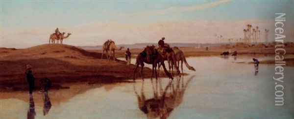 Camel Watering Oil Painting - Frederick Goodall