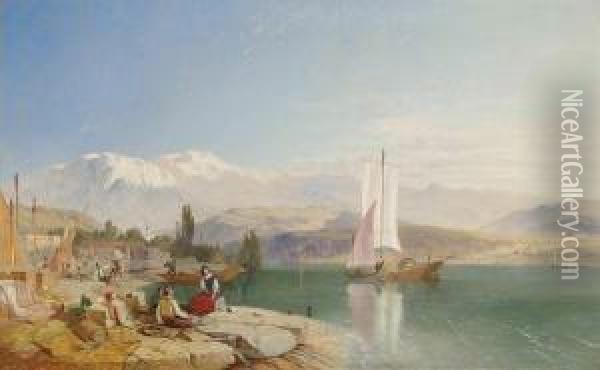 By The Margin Of Fair Zurich's Waters Oil Painting - James Baker Pyne