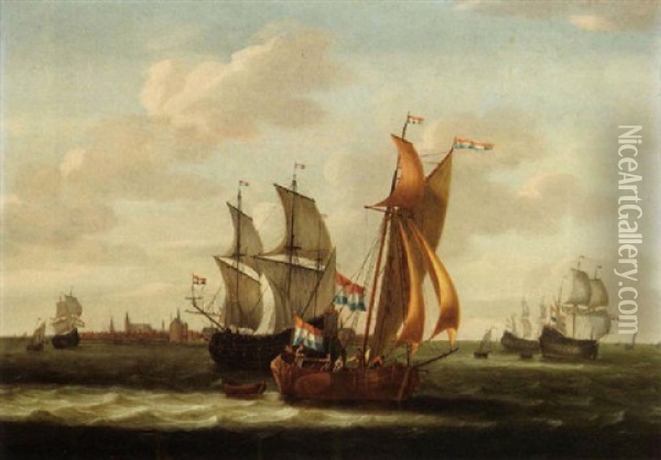 A Kaag, Small Cargo Ships And Other Vessels On The Zuiderzee With A View Of Hoorn In The Background Oil Painting - Jacob Gerritz Loef
