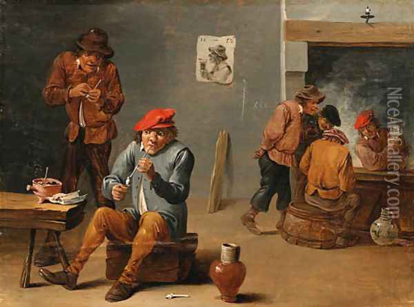 Peasants smoking and drinking in a Tavern Interior Oil Painting - Thomas Van Apshoven