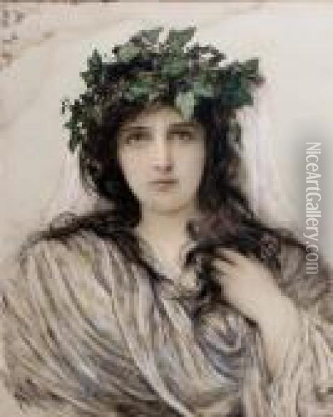 Head And Shoulder Portrait Of A 
Young Lady With Flowing Blacklocks And Wearing A Wreath Of Ivy On Her 
Head Oil Painting - Sir Hubert von Herkomer