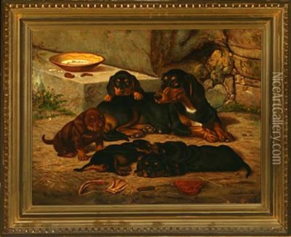 Dax With Puppies Oil Painting - Simon Simonsen