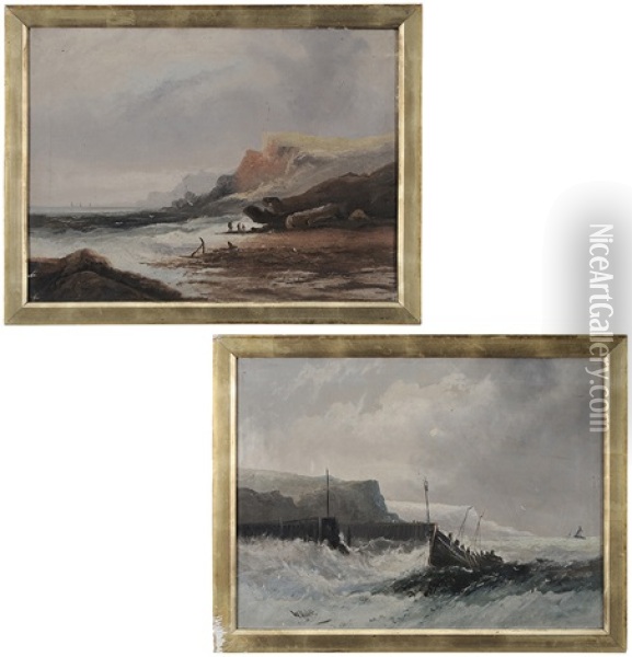 Rescue Boat In Rough Seas And Figures On Shore (2 Works) Oil Painting - William Matthew Hale