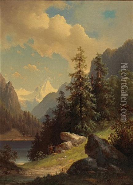 Mountain Landscape With Hunter Oil Painting - Carl Hasch