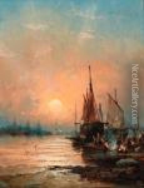 Dusk On The River; And The Port By Moonlight Oil Painting - William A. Thornley Or Thornber