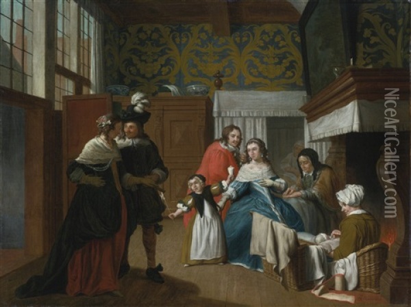A Sick Woman With Her Family And Attendants In An Interior Oil Painting - Jan Josef Horemans the Younger