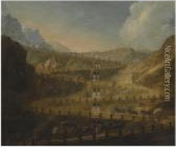 A Capriccio Mountain Landscape With Horses And Carts Ascending The Path Oil Painting - Antonio Joli
