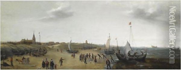 A View Of The Beach At Scheveningen With Fishermen Unloading Their Catch, Elegant Figures Strolling Along The Beach Oil Painting - Hendrick Cornelisz. Vroom