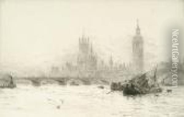 The Houses Of Parliament From The Thames Oil Painting - William Lionel Wyllie